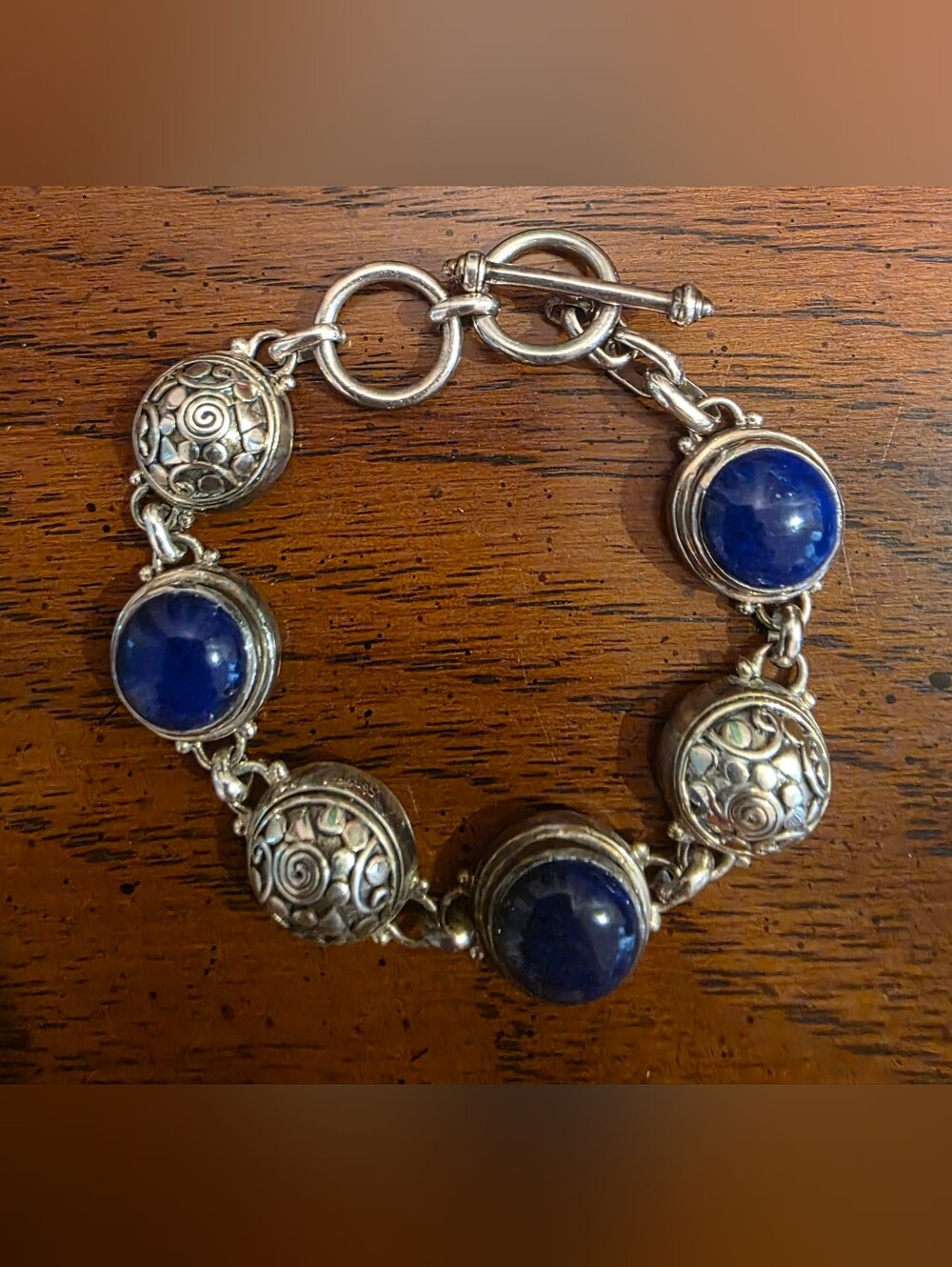 Tortoise Shells Sterling Silver Link Lapis Lazuli Bracelet 6 75"- 7 25"  max L